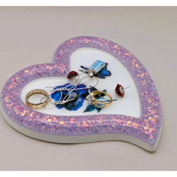 Purple Glitter Heart-Shaped Trinket Dish Blue Rose & Butterfly Design - Picture 2 of 8